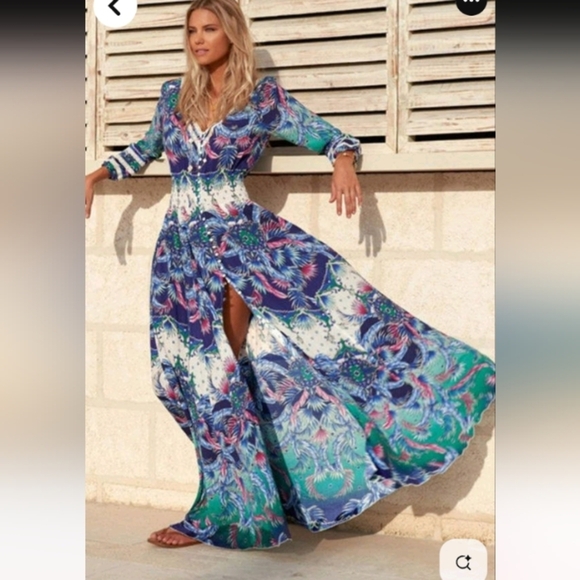 Melissa Odabash Caroline V Neck Bottom Down Boho Maxi Dress Sz M - Picture 1 of 12